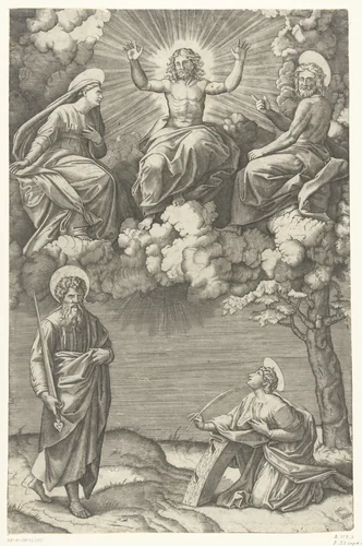 Christus en Maria en Johannes de Doper met heiligen Paulus en Catharina van Alexandrië by anonymous, print, 1520-1575