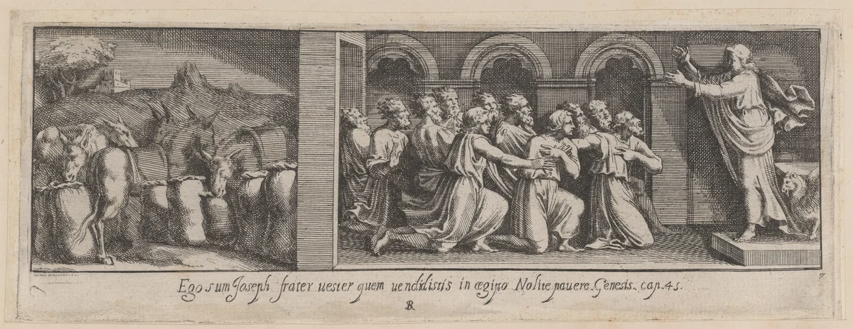 Plate 7: Joseph Making Himself Known to his Brothers, from Genesis 45, after a lost fresco in the basamento of Bay 7 of the Vatican Loggia by Pietro Santi Bartoli, print, 1650-1677