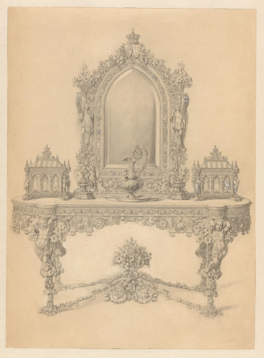 Het in 1847-1851 door François-Désiré Froment-Meurice vervaardigde verguld zilveren toiletstel op bijbehorende tafel, dat in 1851 door de dames van Frankrijk als huwelijksgeschenk aan de hertogin van Parma is aangeboden by anonymous, drawing, 1851