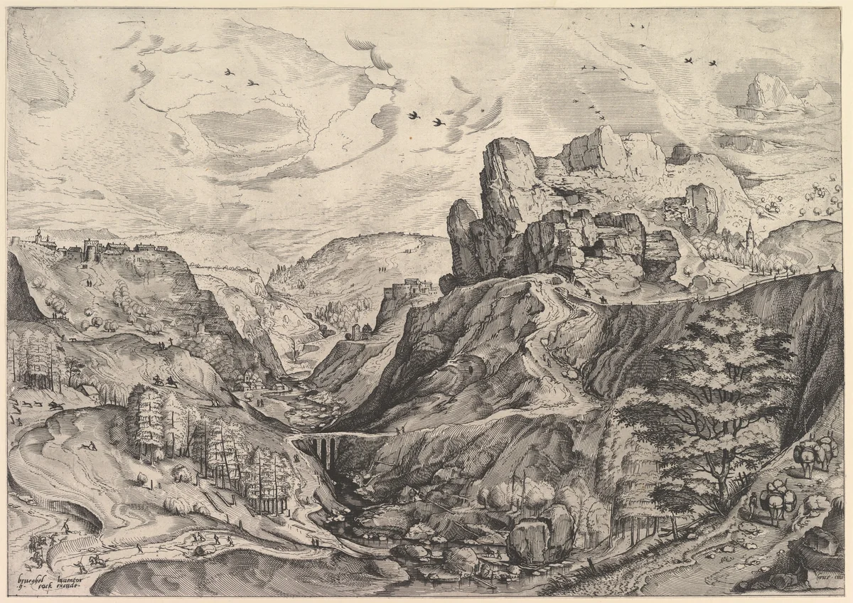 Alpine Landscape with a Deep Valley, from "The Large Landscapes" by Johannes van Doetecum, print, 1550-1560