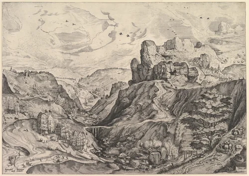 Alpine Landscape with a Deep Valley, from "The Large Landscapes" by Johannes van Doetecum, print, 1550-1560