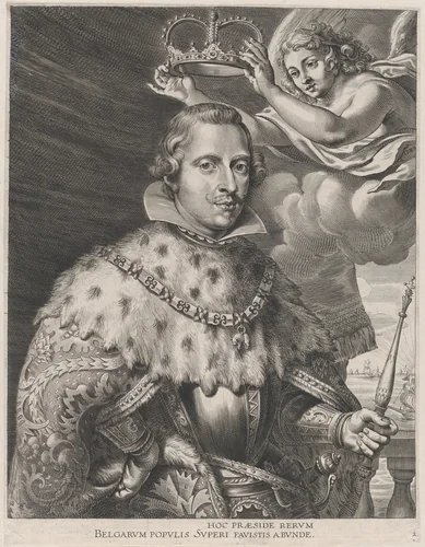 Plate 2: Portrait of Philip IV, King of Spain, being crowned; from Guillielmus Becanus's 'Serenissimi Principis Ferdinandi, Hispaniarum Infantis...' by Johannes Meursius, print, 1636