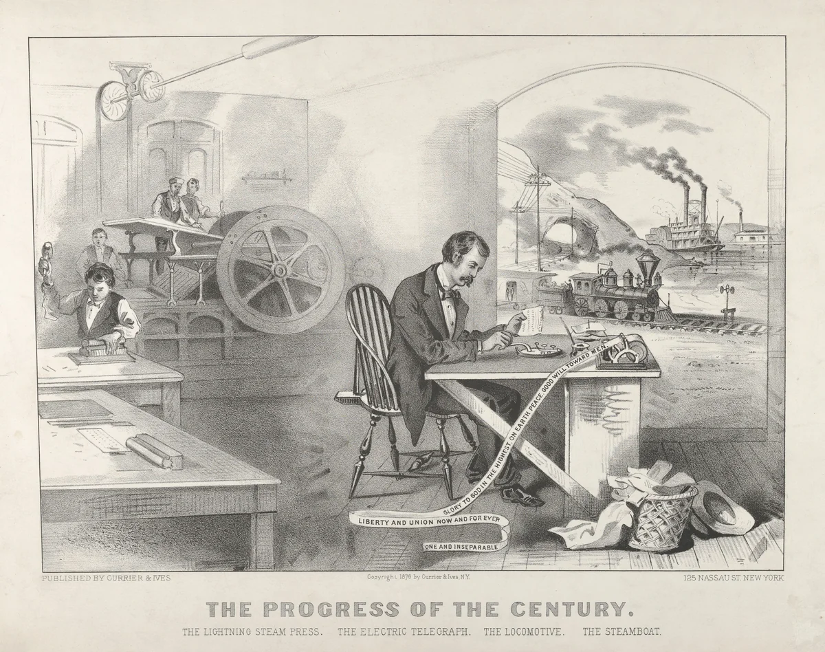 The Progress of the Century – The Lightning Steam Press. The Electric Telegraph. The Locomotive. The Steamboat. by Currier & Ives, print, 1876