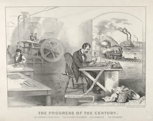 The Progress of the Century – The Lightning Steam Press. The Electric Telegraph. The Locomotive. The Steamboat. by Currier & Ives, print, 1876