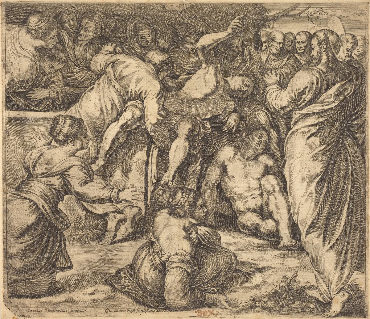 The Raising of Lazarus by Guglielmo Cortese; Jacopo Tintoretto, print, 1628-1679
