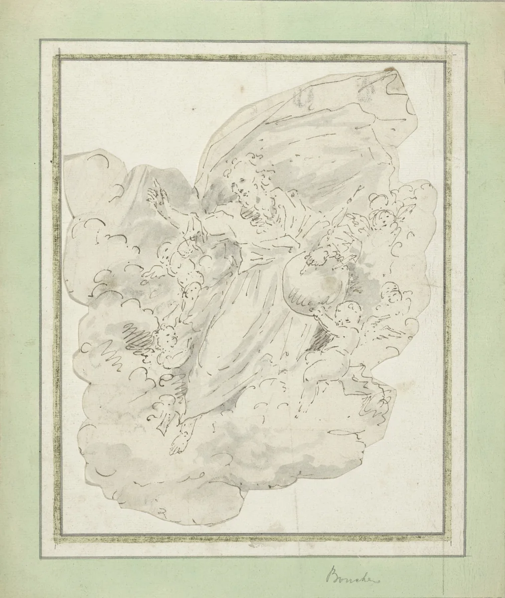 God de Vader temidden van engelen zwevend en zegenend by anonymous, drawing, 1700-1800