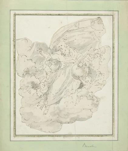 God de Vader temidden van engelen zwevend en zegenend by anonymous, drawing, 1700-1800