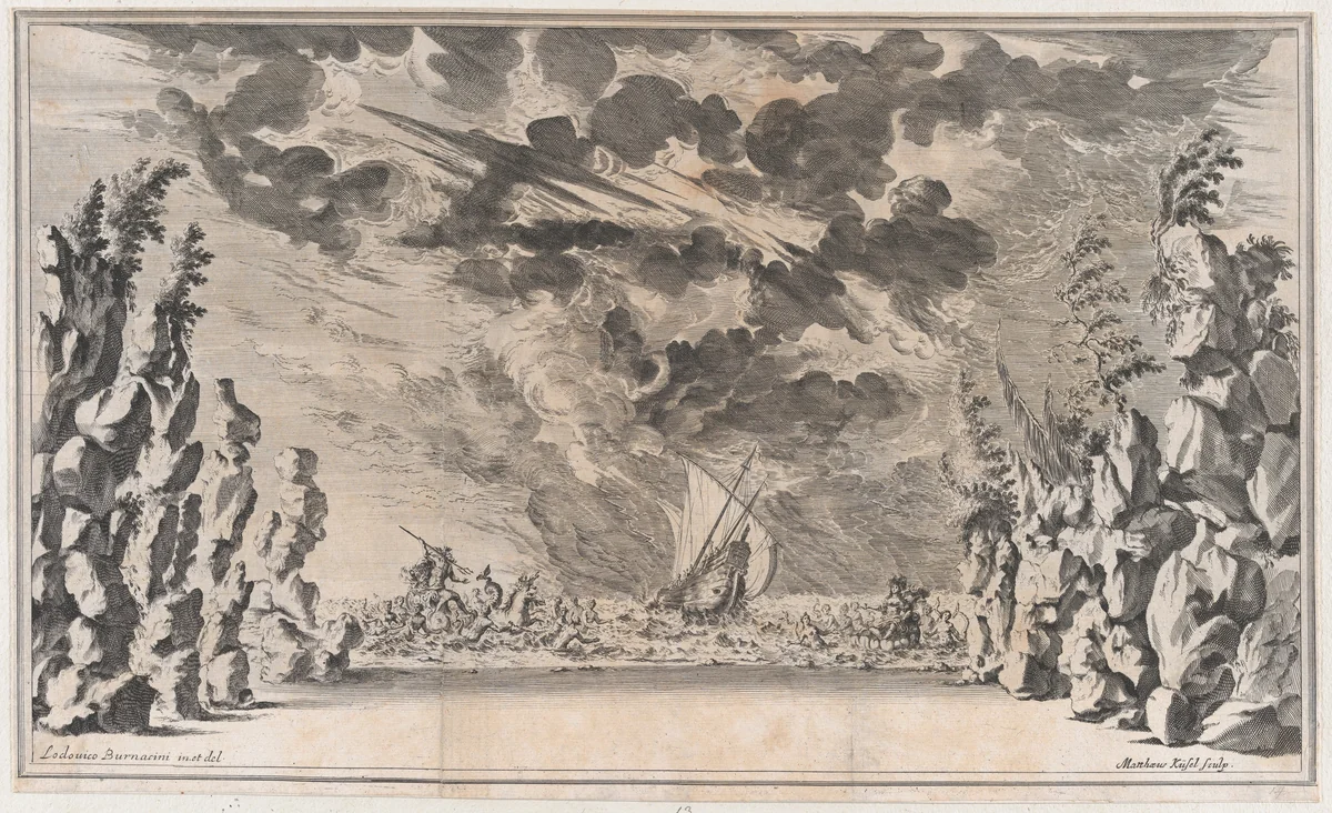 A shore framed by rocks, with Neptune in his chariot on the left and Salacia in hers on the right; at center, a ship caught in a storm; set design from 'Il Pomo D'Oro' by Mathäus Küsel, print, 1668