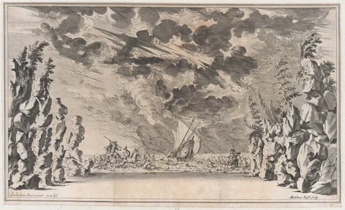A shore framed by rocks, with Neptune in his chariot on the left and Salacia in hers on the right; at center, a ship caught in a storm; set design from 'Il Pomo D'Oro' by Mathäus Küsel, print, 1668
