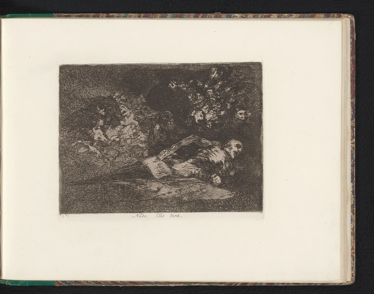 Ontbindend lijk met een plakkaat waarop het woord 'Nada' by Francisco de Goya, book, 1810-1820