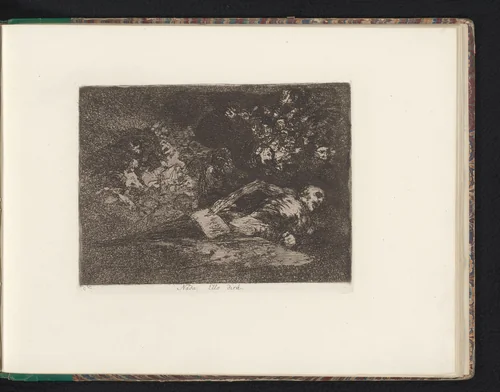 Ontbindend lijk met een plakkaat waarop het woord 'Nada' by Francisco de Goya, book, 1810-1820