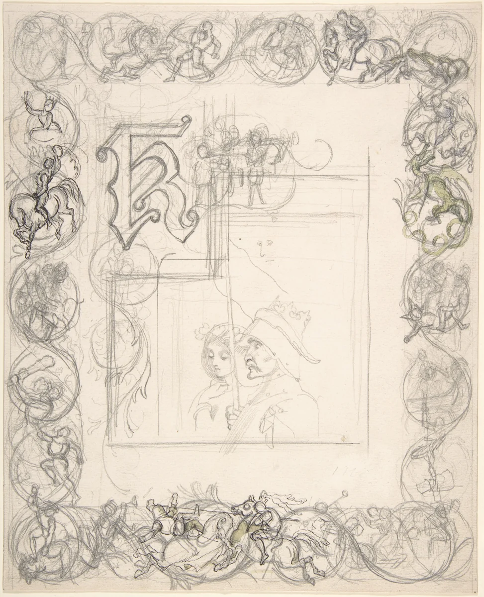 Border design with knights, ladies and dragons (recto); Sketches for border elements (verso) by Richard Doyle, drawing, 1850-1860