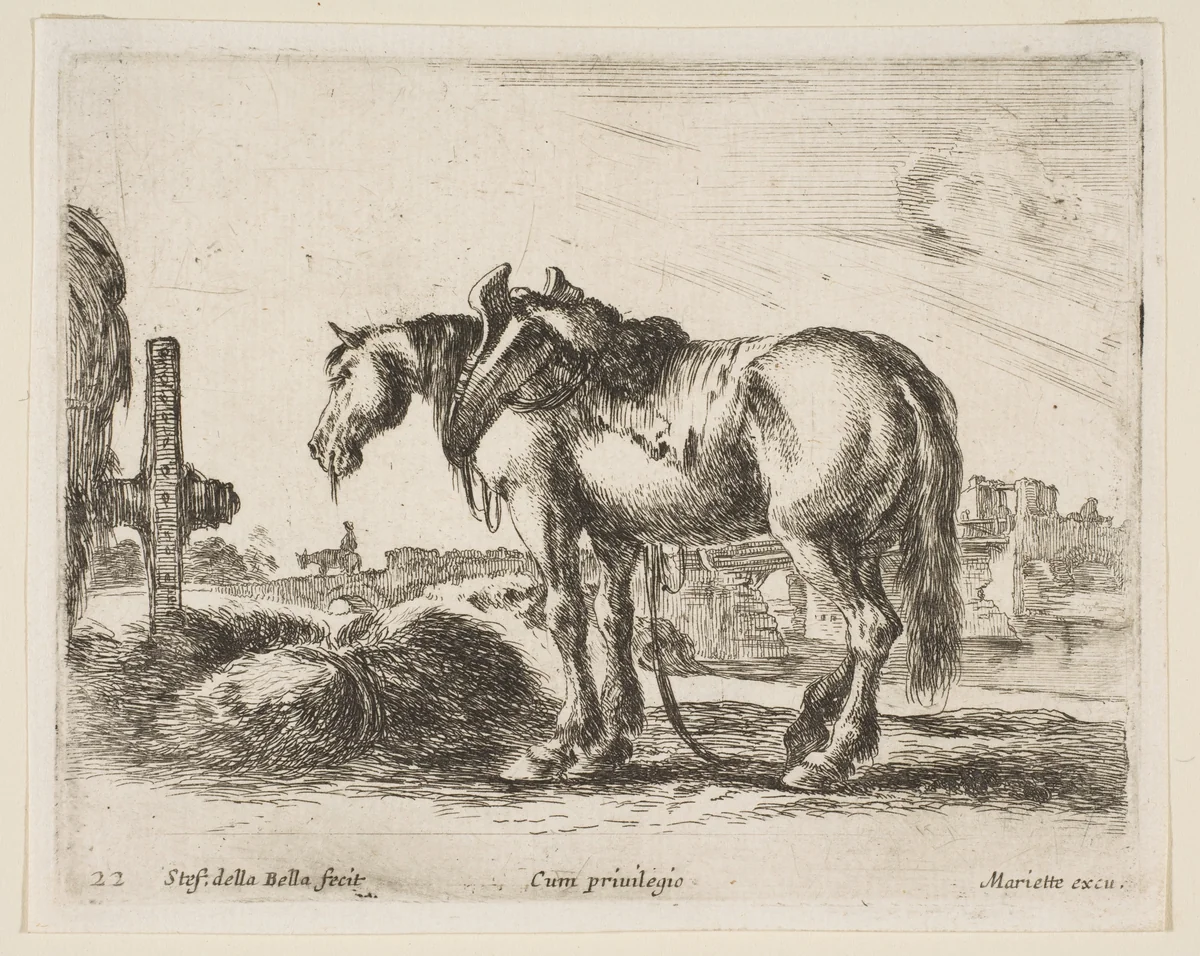 Cart Horse, plate 22 from "Various Animals" (Diversi Animali) by Stefano della Bella, print, 1636-1646