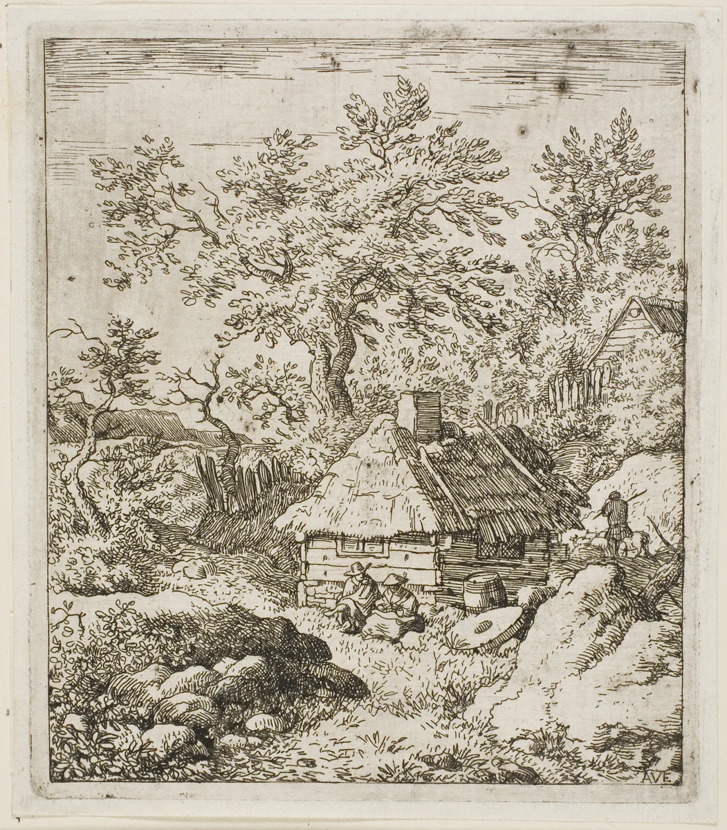 Thatched Hut among Trees and Rocks by Allart van Everdingen, print, 1641-1675