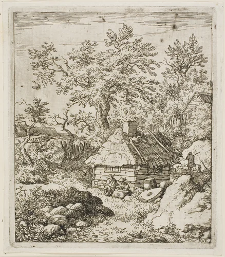 Thatched Hut among Trees and Rocks by Allart van Everdingen, print, 1641-1675