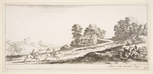 Plate 9: two horsemen at left galloping uphill towards the right, a horse and seated man to right, from 'Various landscapes' (Divers paysages) by Stefano della Bella, print, 1636-1646