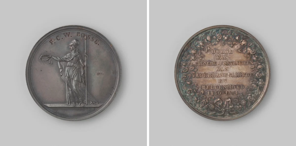 Hulde van Leidse jonkvrouwen aan de uitgetrokken Leidse studenten by David van der Kellen, metalwork, 1831