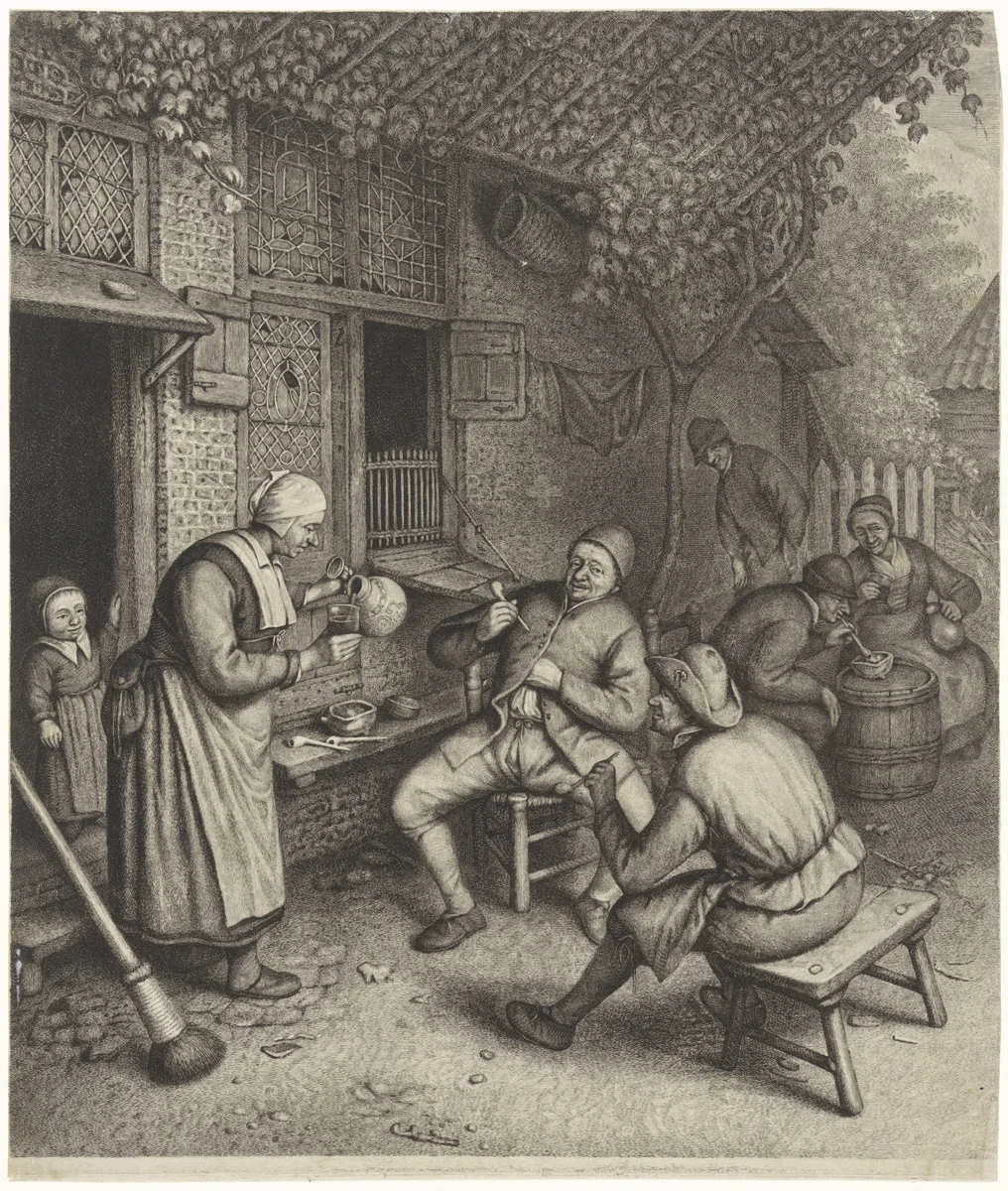 Boeren op het terras voor een herberg by Jonas Suyderhoef, print, 1623-1686