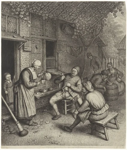 Boeren op het terras voor een herberg by Jonas Suyderhoef, print, 1623-1686