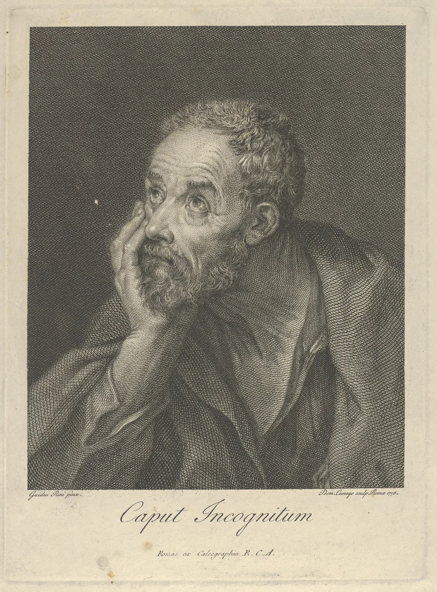 An old bearded man resting his head on his right hand and looking upwards to the left, after Reni by Domenico Cunego, print, 1775