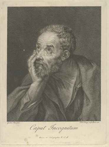 An old bearded man resting his head on his right hand and looking upwards to the left, after Reni by Domenico Cunego, print, 1775