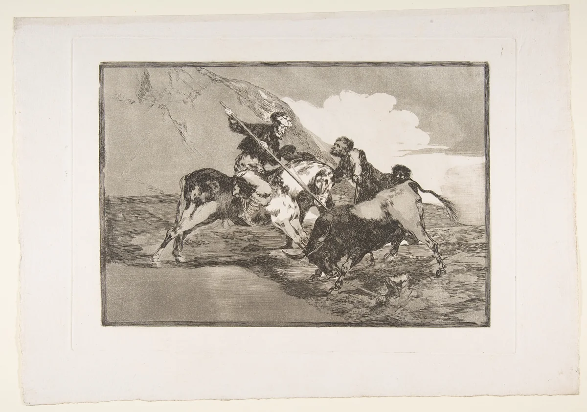 Plate 1 from "La Tauromaquia": The way in which the ancient Spaniards hunted bulls on horseback in the open country by Goya, print, 1816