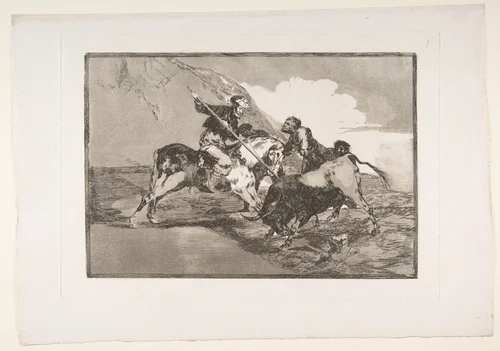 Plate 1 from "La Tauromaquia": The way in which the ancient Spaniards hunted bulls on horseback in the open country by Goya, print, 1816
