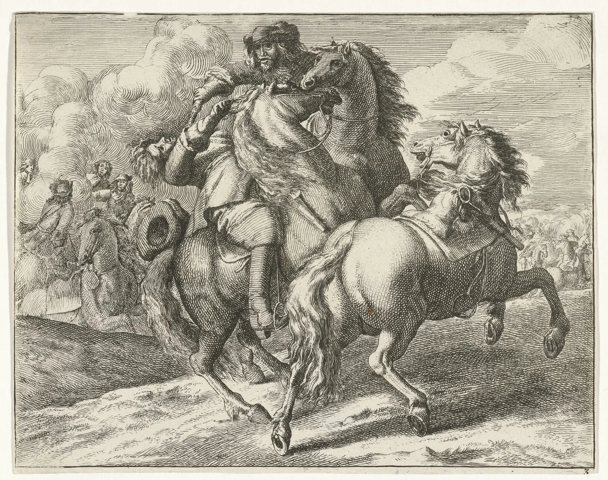 Militair te paard neergeschoten by anonymous, print, 1674-1733