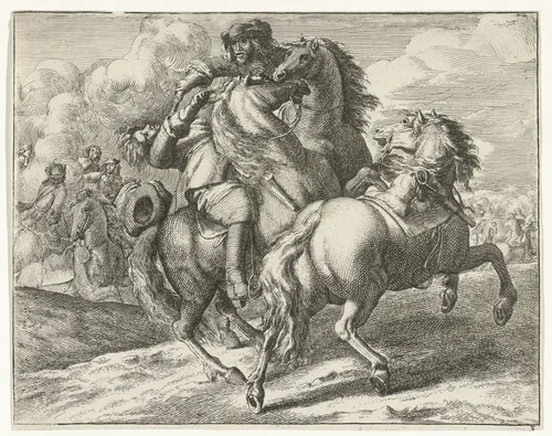 Militair te paard neergeschoten by anonymous, print, 1674-1733