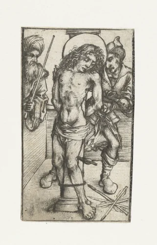 Heilige Sebastiaan aan de geselpaal, met rechter en beulsknecht by Meester van het Amsterdamse Kabinet, print, 1488-1492
