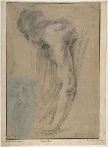 The Reclining Headless Body of Holofernes; Study of Female Semi-Nude Figure (on a small separate, unrelated sheet of blue paper, pasted onto the lower left of the large sheet) by Guido Reni, drawing, 1625-1640