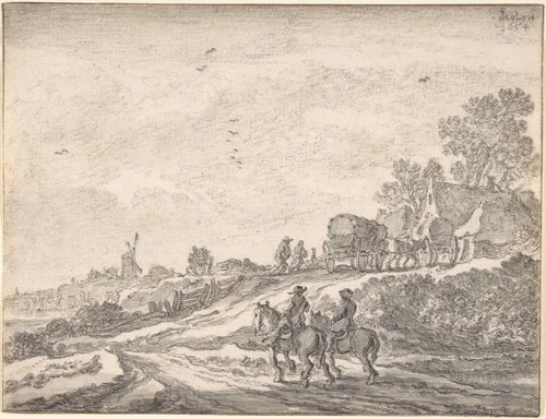 Landscape with Two Men on Horseback by Pieter de Molijn, drawing, 1654