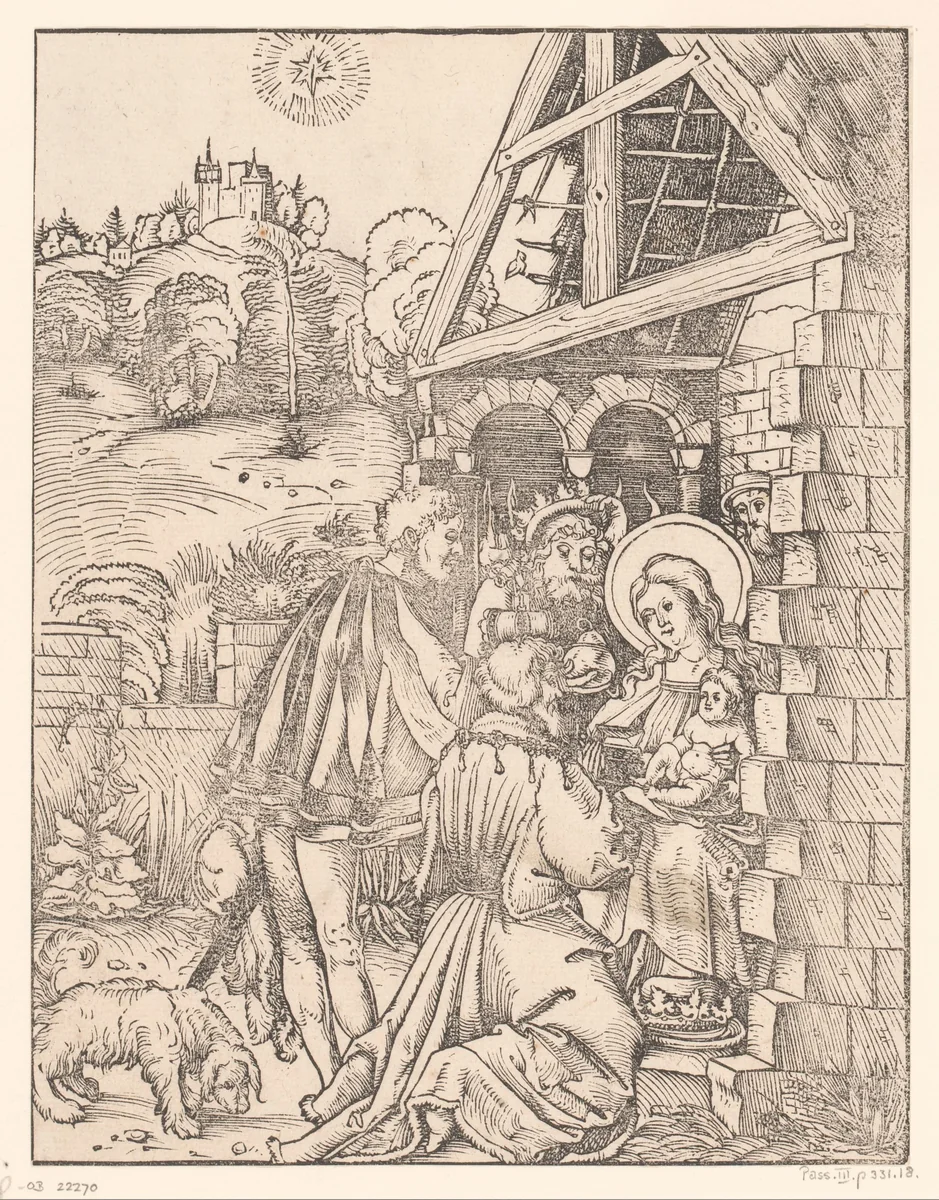 Aanbidding der koningen by anonymous, print, 1490-1526