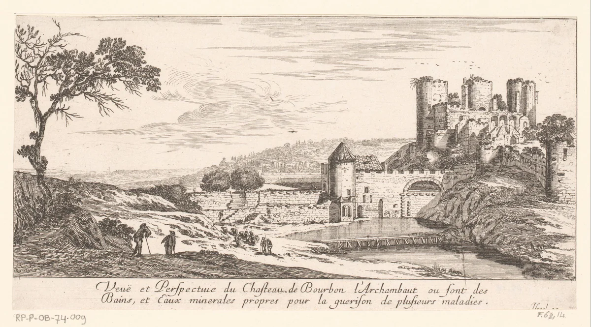 Gezicht op het kasteel Bourbon-l'Archambault by Israël Silvestre, print, 1651