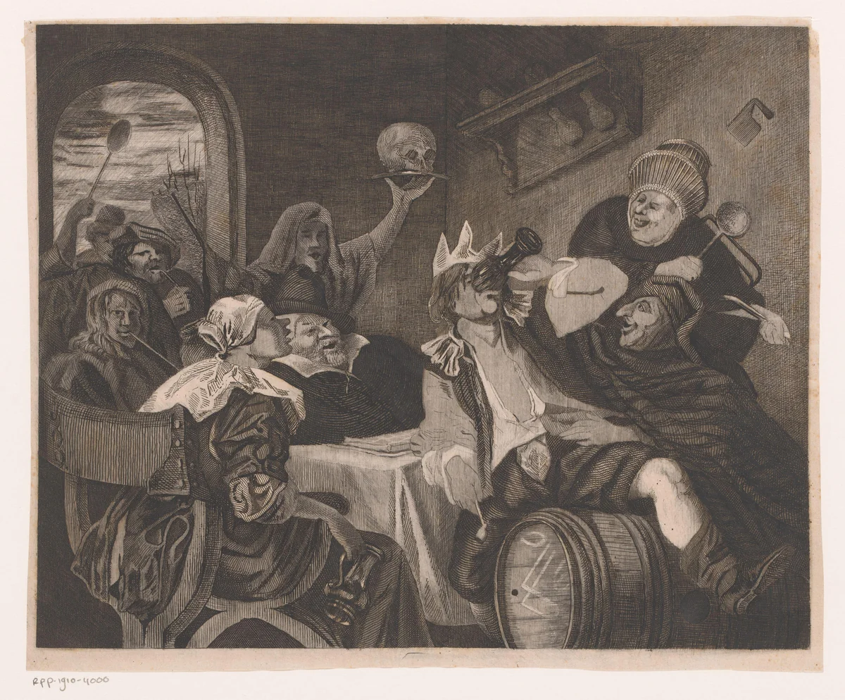 Feestend gezelschap met een drinkende man met kroon by Louis Jaugey, print, 1850-1899