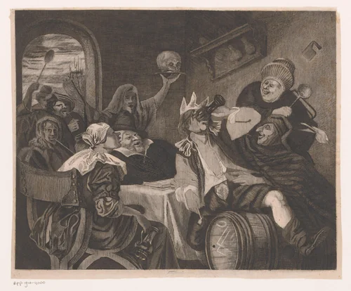 Feestend gezelschap met een drinkende man met kroon by Louis Jaugey, print, 1850-1899