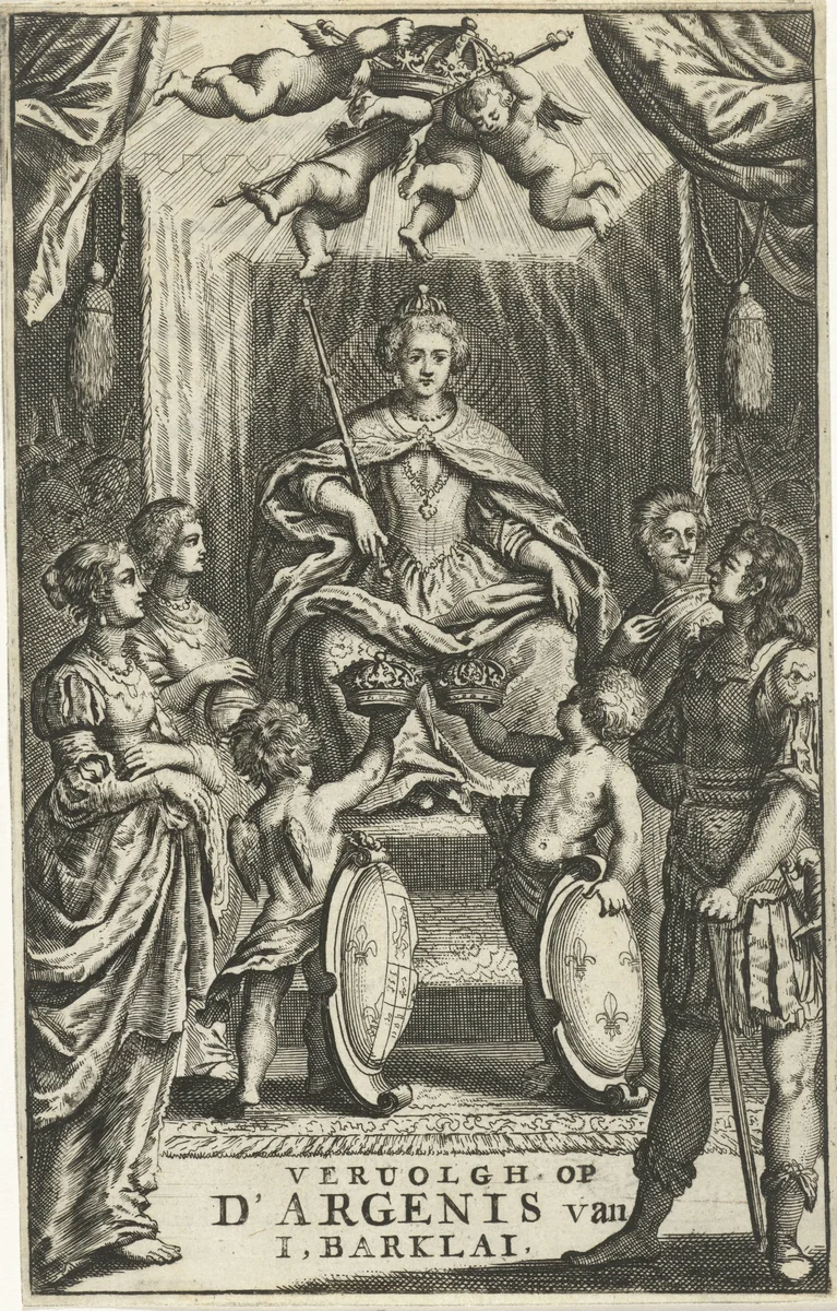 Tronende vorstin krijgt twee kronen aangeboden by Jan Luyken, print, 1681