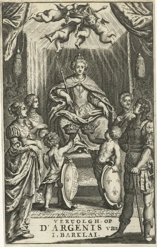 Tronende vorstin krijgt twee kronen aangeboden by Jan Luyken, print, 1681