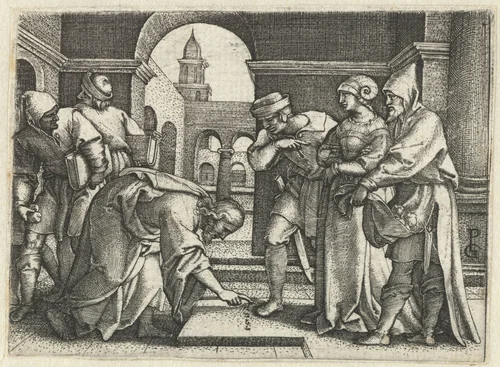 Christus en de overspelige vrouw by Unknown, print, 1544-1548
