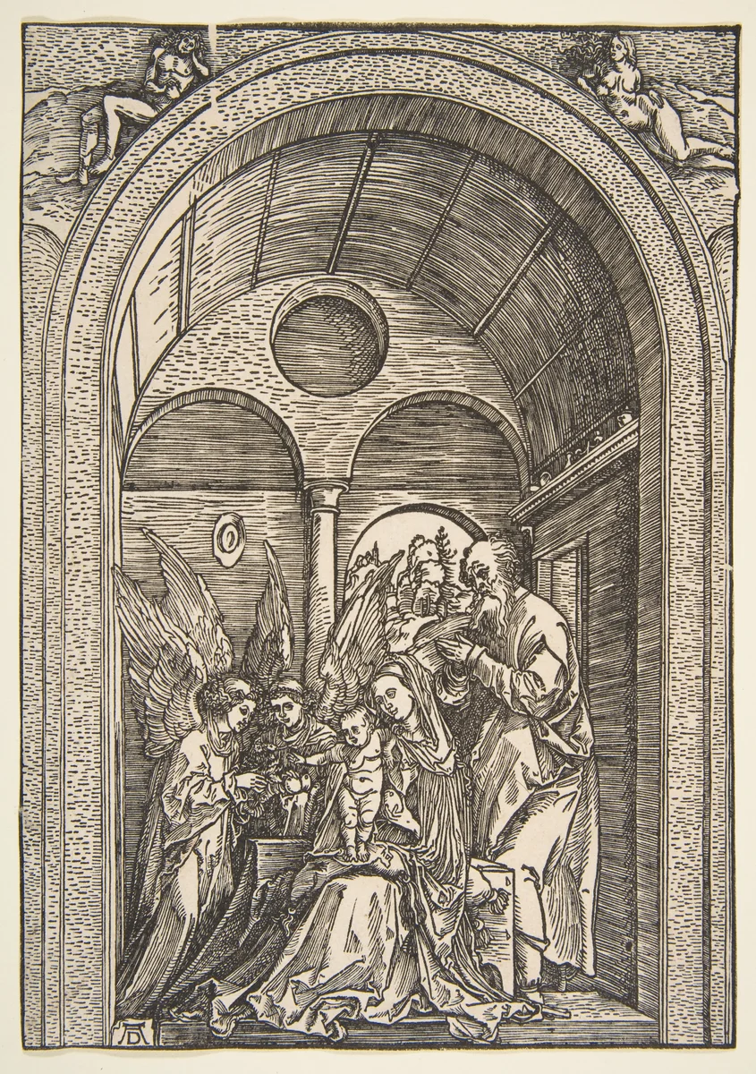 The Holy Family with Two Angels in a Vaulted Hall by Albrecht Dürer, print, 1503-1504