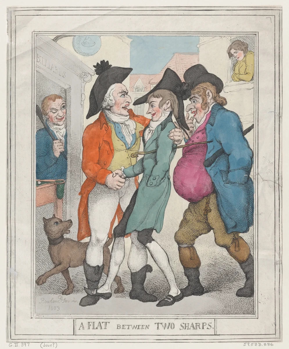 A Flat between Two Sharps by Thomas Rowlandson, print, 1803