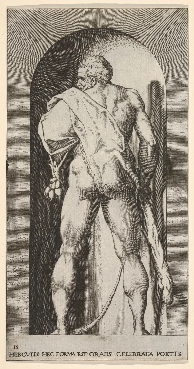Plate 15: Hercules standing in a niche, wearing a lion skin and holding a club, viewed from behind, with his head turned to the left, from "Mythological Gods and Goddesses" by Giovanni Jacopo Caraglio, print, 1526