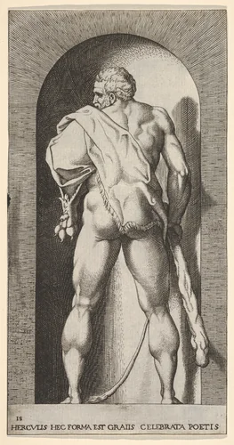 Plate 15: Hercules standing in a niche, wearing a lion skin and holding a club, viewed from behind, with his head turned to the left, from "Mythological Gods and Goddesses" by Giovanni Jacopo Caraglio, print, 1526