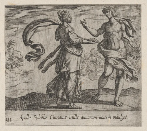 Apollo Granting the Cumaean Sybil's Wish (Apollo Sybillae Cumanae mille annorum atatem indulget), from Ovid's The Metamorphoses, plate 133 by Antonio Tempesta, print, 1606