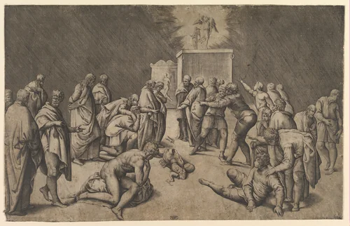 The Philistines Place the Ark of the Covenant in the Temple of Dagon by Battista Franco, print, 1535-1545