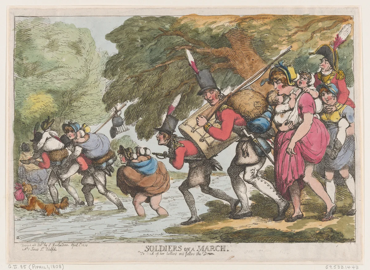 Soldiers on a March by Thomas Rowlandson, print, 1808