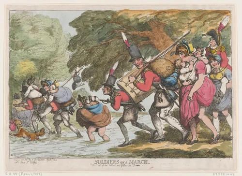 Soldiers on a March by Thomas Rowlandson, print, 1808