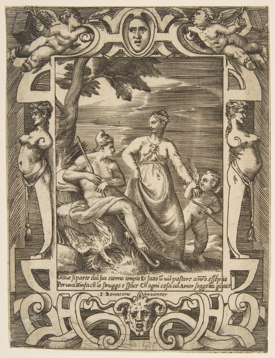Jupiter at left in the form of a shepherd accompanied by Mnemosyne, set within an elaborate cartouche, from "Loves, Rages and Jealousies of Juno" by Giulio Bonasone, print, 1531-1576