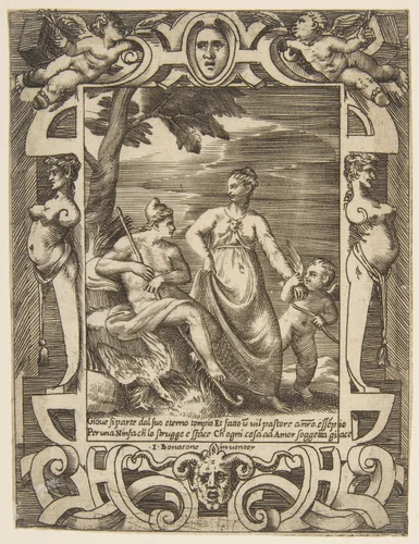 Jupiter at left in the form of a shepherd accompanied by Mnemosyne, set within an elaborate cartouche, from "Loves, Rages and Jealousies of Juno" by Giulio Bonasone, print, 1531-1576