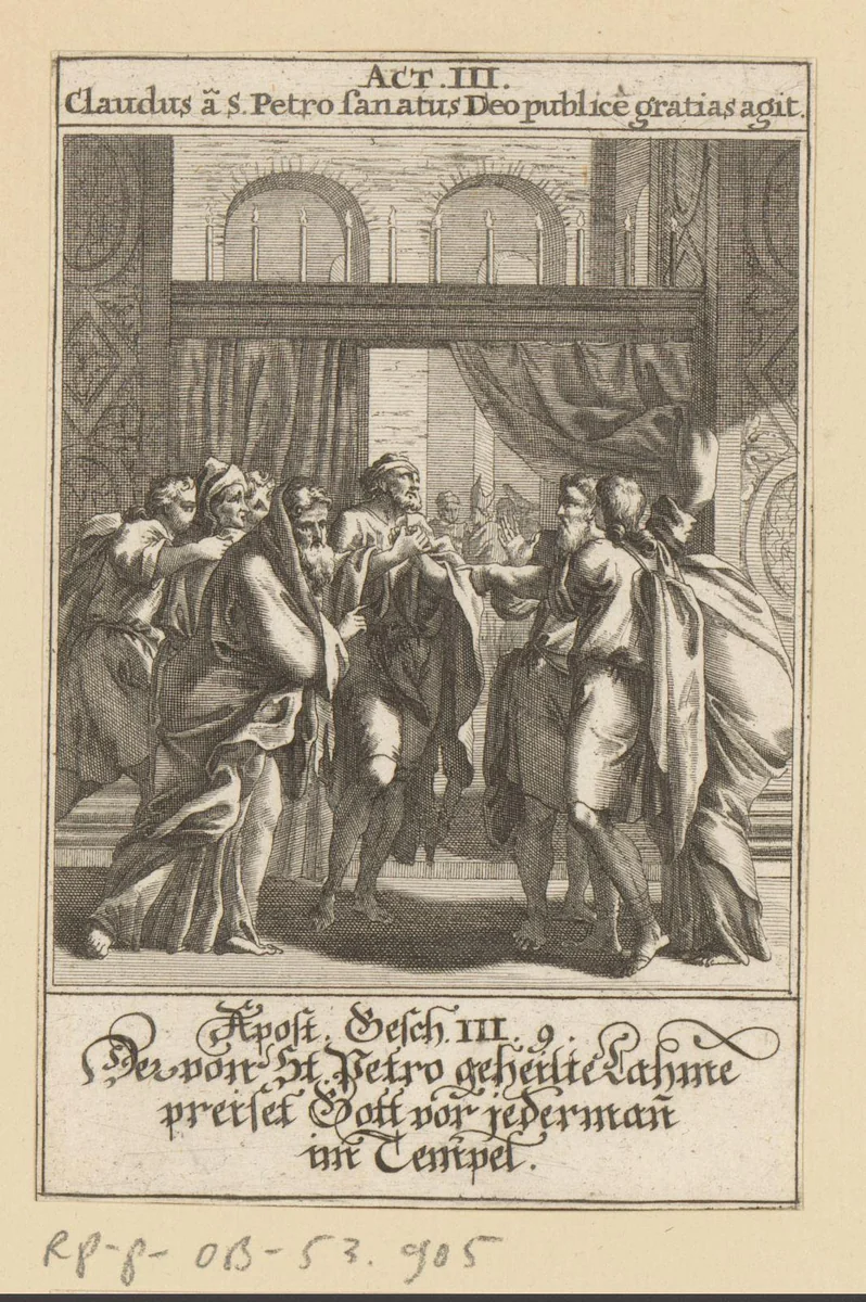 Petrus en Johannes genezen een verlamde man bij de tempelpoort by anonymous, print, 1697